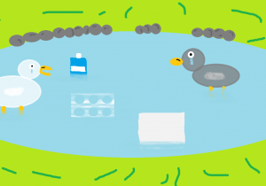 Zapłakane kaczątka pływają po stawie wśród śmieci